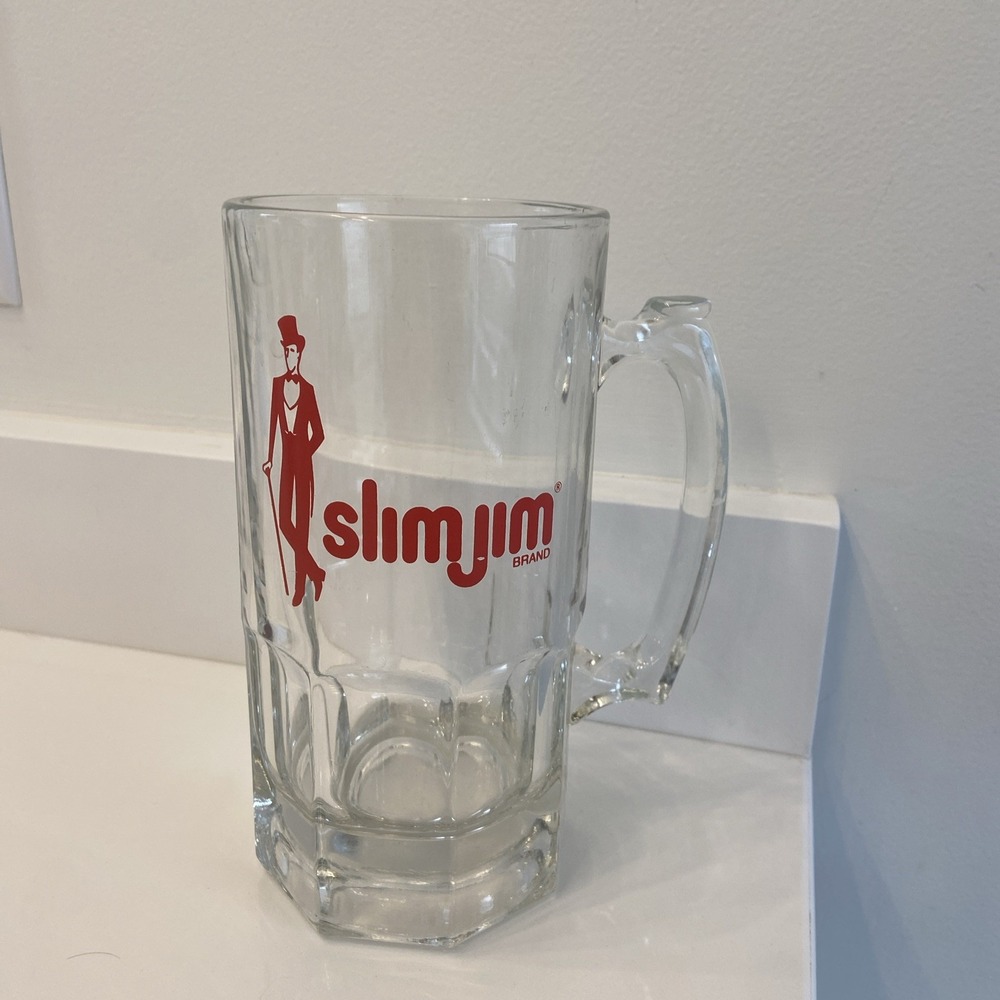 Vintage SLIM JIM Mug Heavy Clear Glass Beer Mug Clear 8" Tall Fathers Day‎ Gift